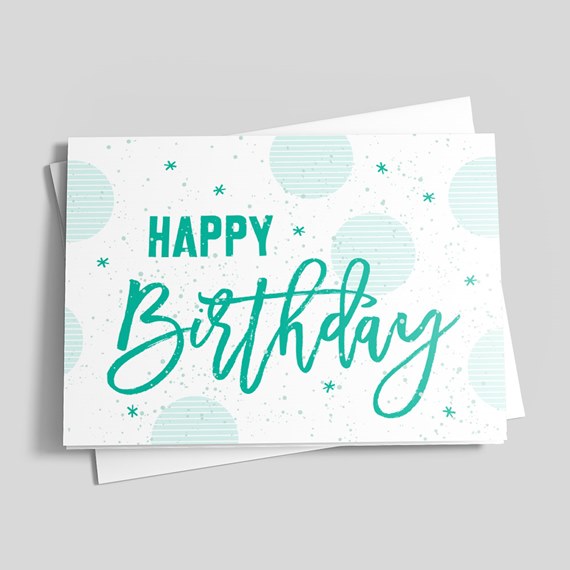 birthday card with teal text and circular patterns