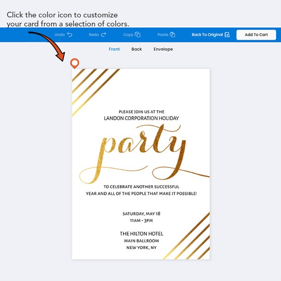 invitation card with gold foil text and diagonal stripes