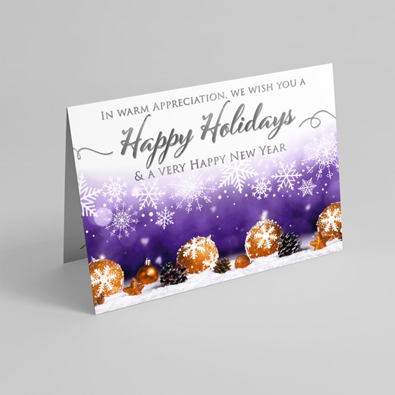holiday card with snowflakes and ornaments, customizable text area