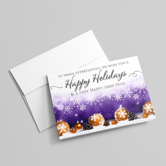 holiday card with snowflakes and ornaments, customizable text area