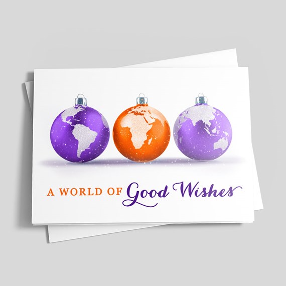 decorative ornaments with world maps and greeting text