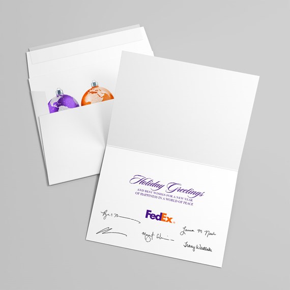 holiday greeting card with ornaments and customizable text area