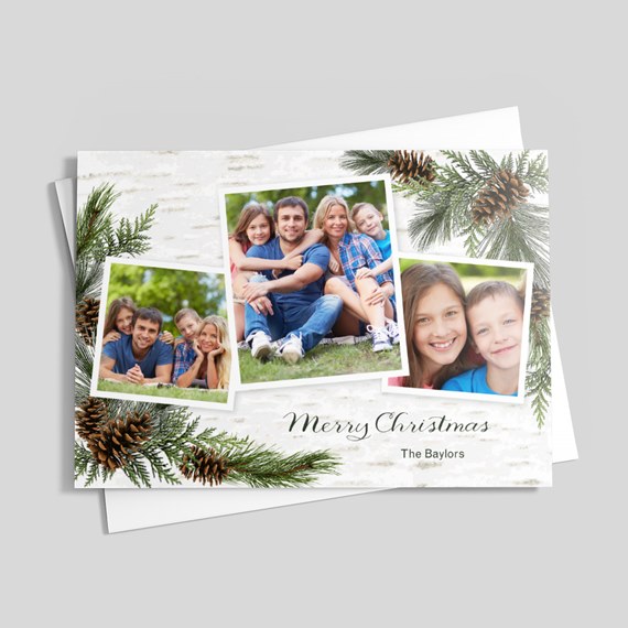 photo placeholders with pine branches and cones, Merry Christmas text