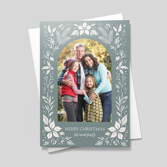 photo placeholder with decorative floral frame and holiday text