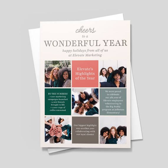 holiday card with photo placeholders and text highlights