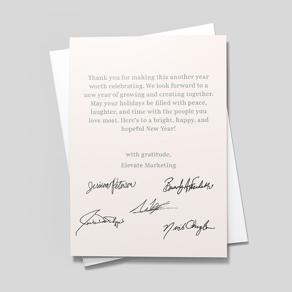 greeting card with customizable text area and printed signatures