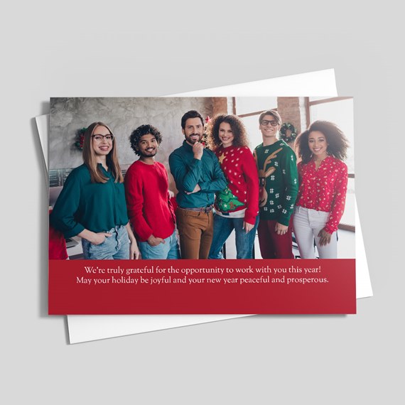 holiday card with photo placeholder and customizable text area