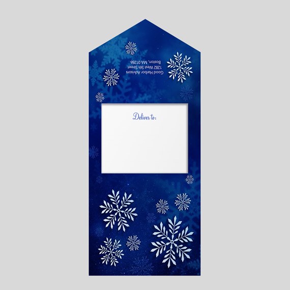 Blue holiday envelope with white snowflakes and rectangular address window labeled 'Deliver to:'