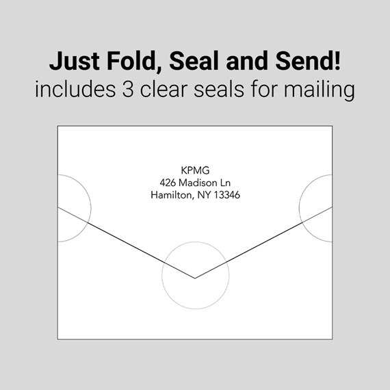 Flat white fold-and-seal envelope with printed sample address and three clear round seals